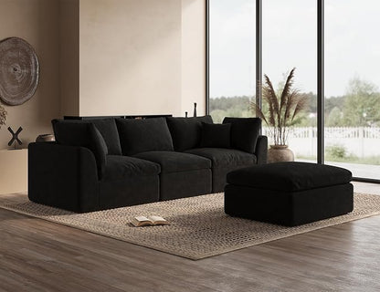ohllob 110" Cloud Sectional Couches for Living Room, Boneless L-Shape Couch with Ottoman, 3 Seater Modular Sectional Sofa, Black