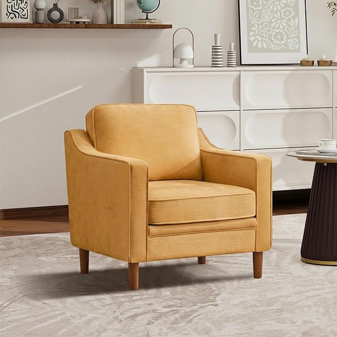 Kingfun Accent Chair, Living Room Chairs, Mid Century Reading Armchair, Chenille with Solid Wood Foot, Upholstered Modern Decor for Bedroom, Apartment
