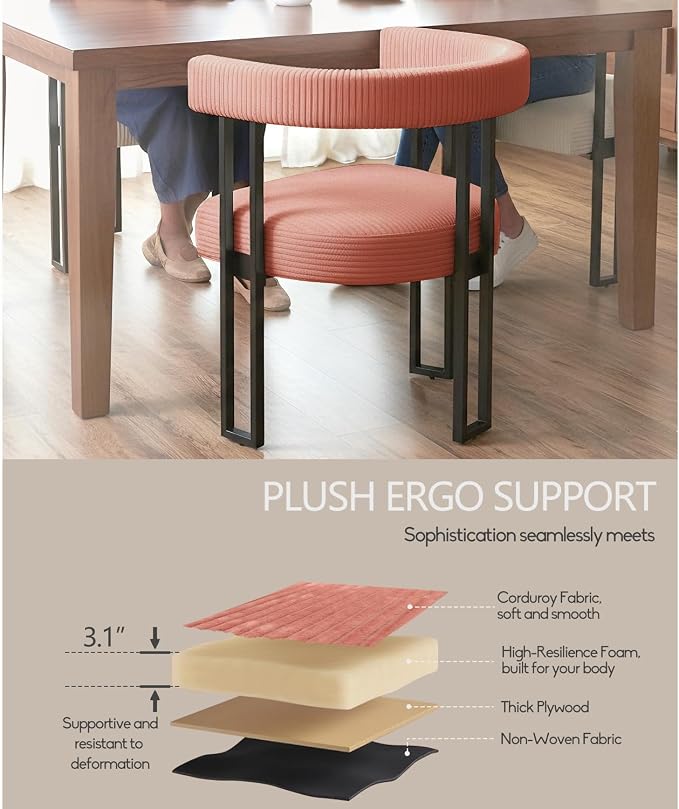 VIRRMO Boucle Dining Chair Set of 2 Corduroy Upholstered Dining Room Chairs Kitchen Chairs with Metal Legs Mid Century Modern Chair for Dining Room, Kitchen (Pink, 2)
