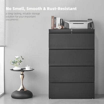 Approgreent Lateral 4 Drawer File Cabient with Lock, Metal Filing Cabinets for Home Office, Heavty Duty Office Storage Cabinet for A4/Letter/Legal (Matte Black)