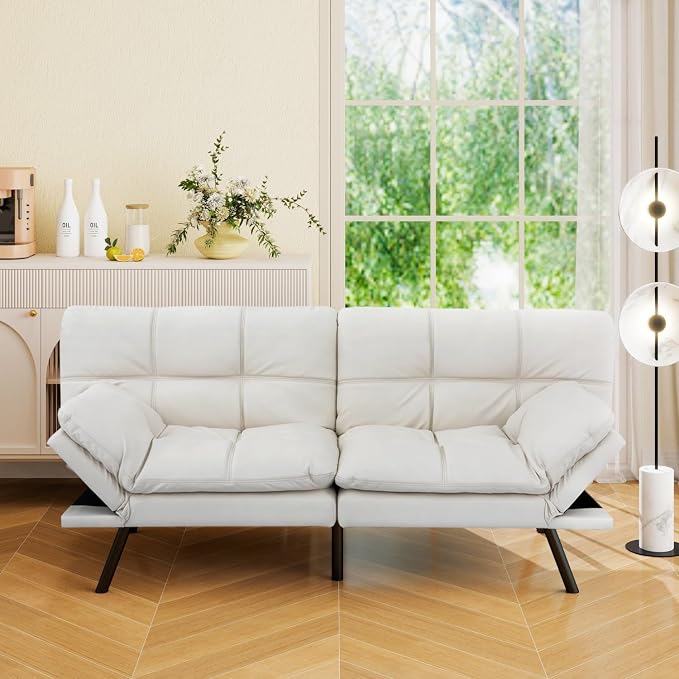 Vipbear 71" Futon Sofa Bed - Convertible Sofa Beds/Adjustable Backrest & Armrest, Comfy Loveseat Sleeper for Small Spaces, Apartments & Offices,Faux Leather White Futons