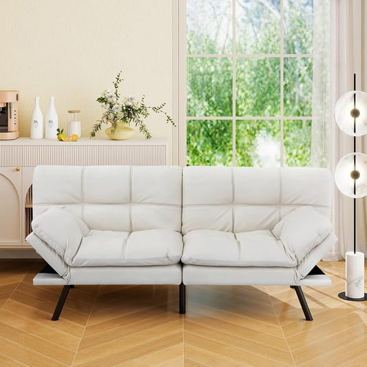 Vipbear 71" Futon Sofa Bed - Convertible Sofa Beds/Adjustable Backrest & Armrest, Comfy Loveseat Sleeper for Small Spaces, Apartments & Offices,Faux Leather White Futons