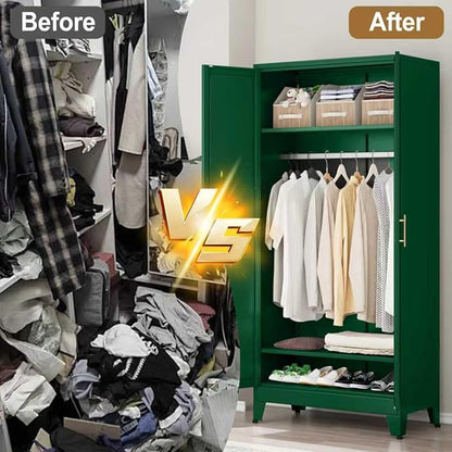 Metal Armoire Wardrobe Closet Storage Cabinet with 2 Doors Green, 71'' Wardrobe Cabinet with Hanging Rod Metal Closet with 2 Adjustable Shelves for Bedroom, Laundry Room, Cloak Room