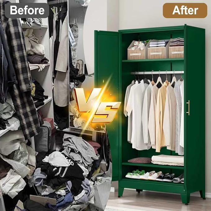Metal Armoire Wardrobe Closet Storage Cabinet with 2 Doors Green, 71'' Wardrobe Cabinet with Hanging Rod Metal Closet with 2 Adjustable Shelves for Bedroom, Laundry Room, Cloak Room