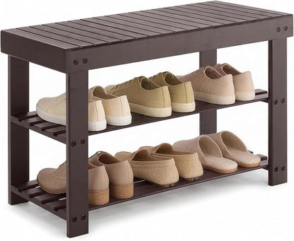 NEWBULIG Shoe Rack Bench, 3-Tier Bamboo Shoe Organizer, Wooden Entryway Storage Bench, 286 lb Load Capacity, 11.2x27.6x17.9 Inches, for Entryway Bathroom Bedroom Balcony, Brown