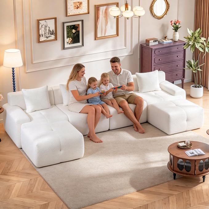 135" Cloud Couch Sectional with 2 Ottoman, U-Shaped Boneless Sofa,Modern Modular Couch, Pineapple Grid Fabric with Foam & Spring Filling for Living Room, No Assembly Required (White, 4seates)
