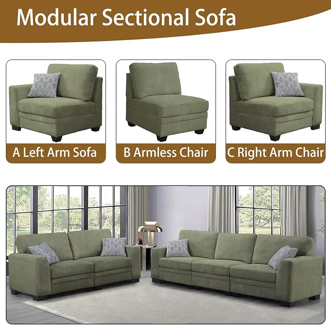 Legend Vansen Oversized Modular Sectional Sofa,U/L-Shaped Corduroy Couch with Ottoman,Deep Seat & Removable Cushion,Easy Assembly for Living Room Apartment,5 Seater,Olive