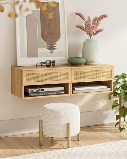 Floating Nightstand, Small Modern Floating Nightstand with Drawer, Floating Shelves for Bedroom, Bathroom (Oak Rattan)
