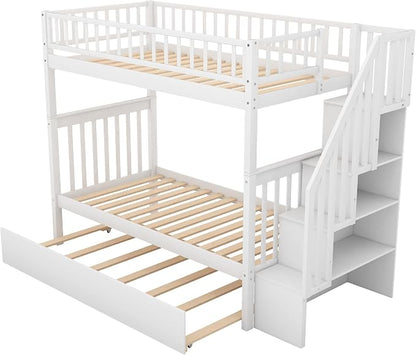 Twin Over Twin Bunk Beds with Staircase and Trundle Bed, No Box Spring Needed for Teens, Boys or Girls