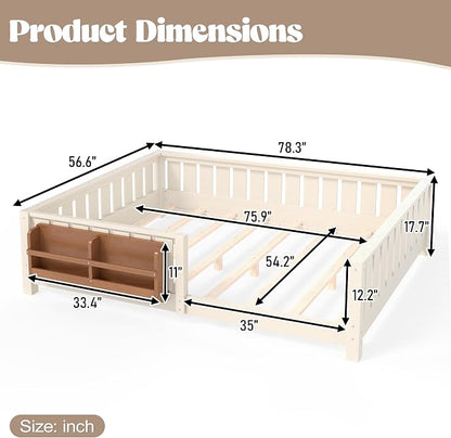 Bellemave Full Floor Bed with Slats and Rails, Full Size Montessori Floor Bed with Bookcase and Fence, Easy Assemble Montessori Beds for Girls, Boys, Beige Floor Beds