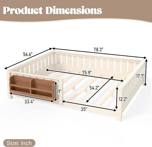 Bellemave Full Floor Bed with Slats and Rails, Full Size Montessori Floor Bed with Bookcase and Fence, Easy Assemble Montessori Beds for Girls, Boys, Beige Floor Beds