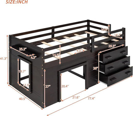 Bellemave Twin Size Low loft Bed for Kids,Wood Modern Farmhouse Twin Loft Bed with and Drawer Storage, No Box Spring Needed, Espresso