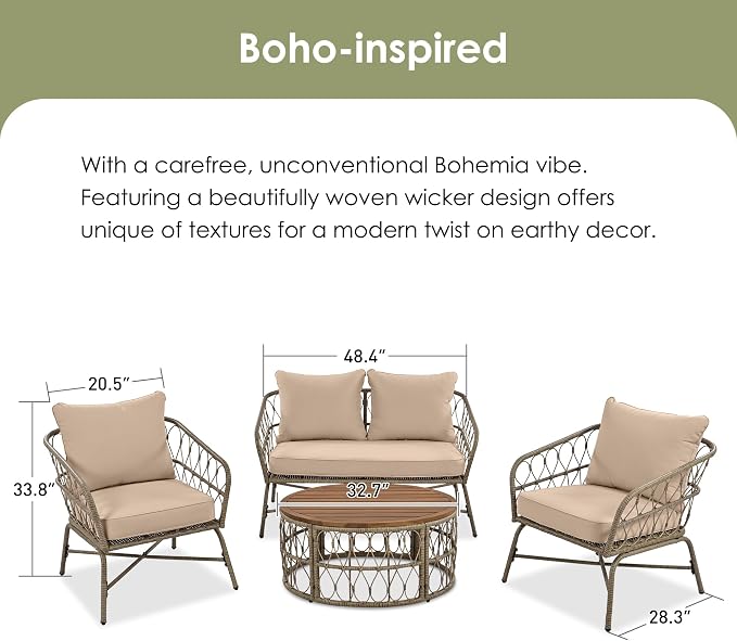 VilroCaz Bohemia-Inspired 4-Person Outdoor Seating Group with Loveseat, 2 Chairs and Table, All Weather Conversation Patio Set with Wood Tabletop and Washable Cushions for Backyard Poolside Garden