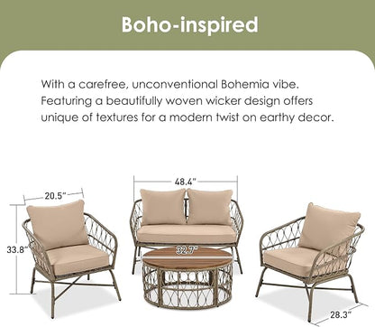 VilroCaz Bohemia-Inspired 4-Person Outdoor Seating Group with Loveseat, 2 Chairs and Table, All Weather Conversation Patio Set with Wood Tabletop and Washable Cushions for Backyard Poolside Garden