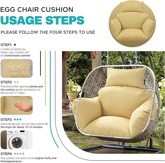 Egg Chair Cushion Replacement, Waterproof Thicken Hanging Egg Swing Chair Cushion for Outdoor Furniture, Wicker Rattan Hammock Basket Cushion with Headrest Pillow 47x31.5x4.7 inch(Khaki)