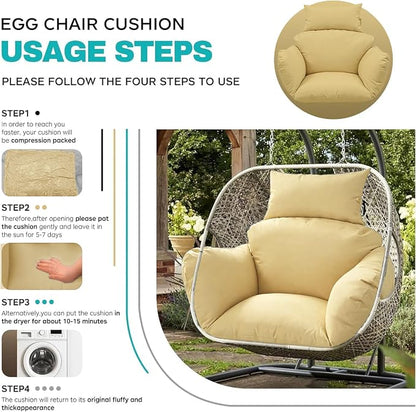 Egg Chair Cushion Replacement, Waterproof Thicken Hanging Egg Swing Chair Cushion for Outdoor Furniture, Wicker Rattan Hammock Basket Cushion with Headrest Pillow 47x31.5x4.7 inch(Khaki)