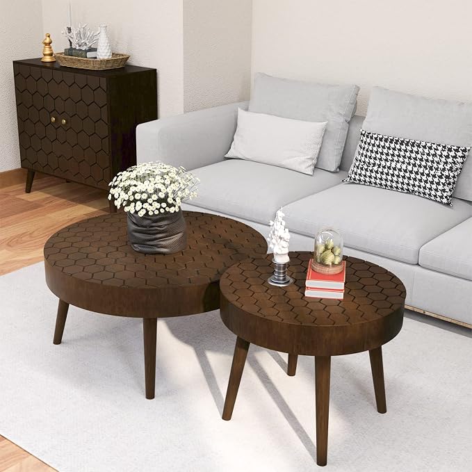SUNBURY Coffee Table Set, Morden Round Coffee Table Set of 2, 18" Farmhouse Living Room Nesting Tables, Livingroom Table Set