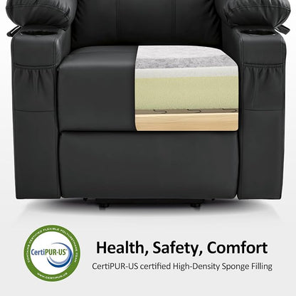 MCombo Large Power Lift Recliner Chair with Massage and Heat for Tall Elderly People, 3 Positions, Cup Holders, and USB Ports, Faux Leather 7516 (Large, Black)