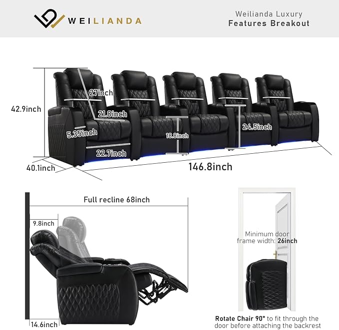 Weilianda Home Theater Seating Top Grain Leather Zero Gravity Recliner Chair Power Headrest Recline Movie Seat Gaming 7 Colors Mood Light Sofa with Tray Table USB Charge Row of 5 Black