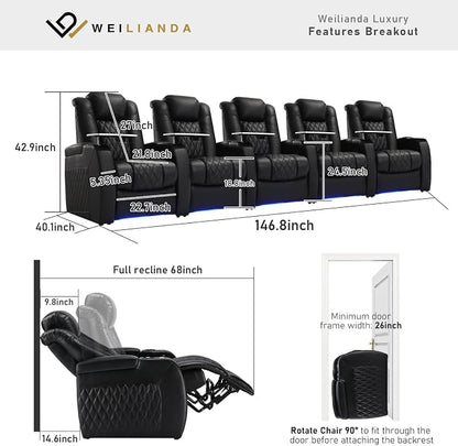 Weilianda Home Theater Seating Top Grain Leather Zero Gravity Recliner Chair Power Headrest Recline Movie Seat Gaming 7 Colors Mood Light Sofa with Tray Table USB Charge Row of 5 Black