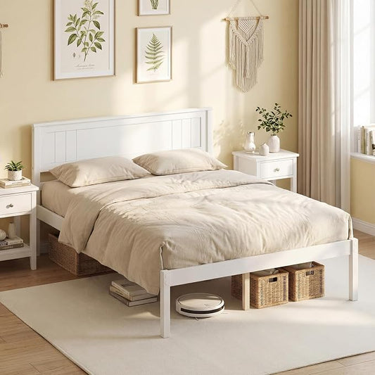 Giantex Full Size Wood Platform Bed Frame with Headboard, Mid Century Solid Wood Mattress Foundation with Slat Support, Double Bed Frame w/16 Under-Bed Storage, No Box Spring Needed (White)
