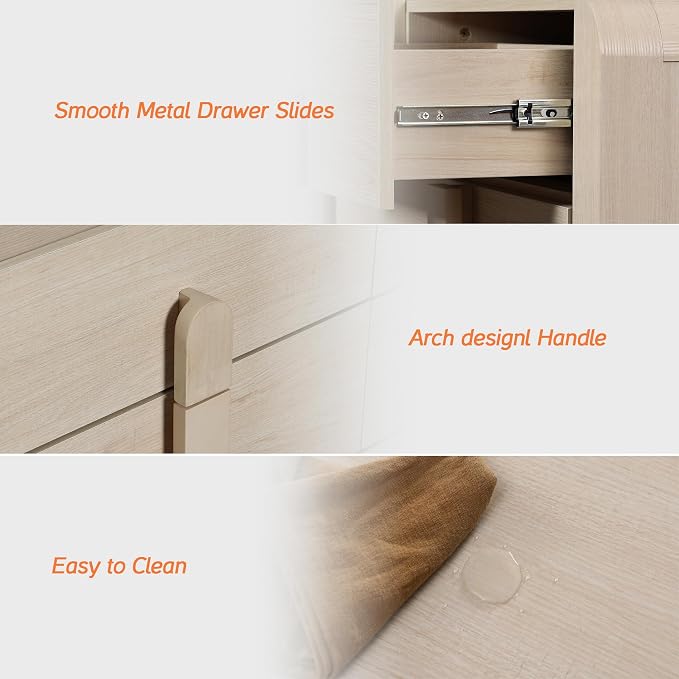 WAMPAT Beige Dresser for Bedroom, 47.2" W 6 Drawers Mid Century Modern Chest of Drawers, Wooden Dressers TV Stand with Curved Profile Design, Storage Organizer for Bedroom, Closet, Hallway