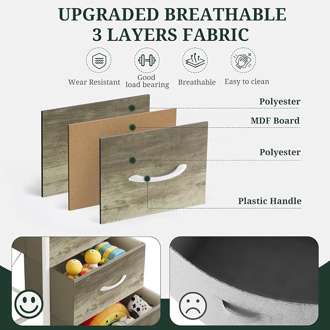 4 Drawers Dresser for Bedroom, Fabric Storage Tower Organizer with Wooden Top and Steel Frame, Tall Chest of Drawers for Closet, Entryway, Dorm, Greige Oak