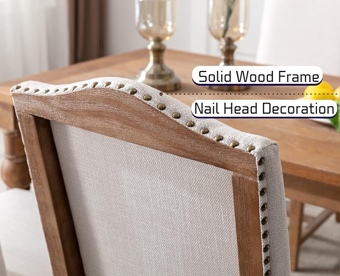 EALSON Farmhouse Dining Chairs Set of 2 Upholstered Dining Room Chairs with Wood Legs and Nailhead Trim Mid Century Modern Kitchen Chairs with High Back Padded Parson Chairs, Linen Beige