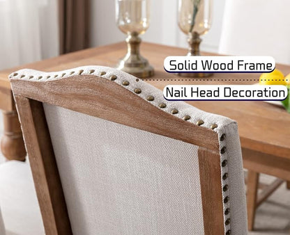 EALSON Farmhouse Dining Chairs Set of 4 Upholstered Dining Room Chairs with Wood Legs and Nailhead Trim Mid Century Modern Kitchen Chairs with High Back Padded Parson Chairs, Linen Beige