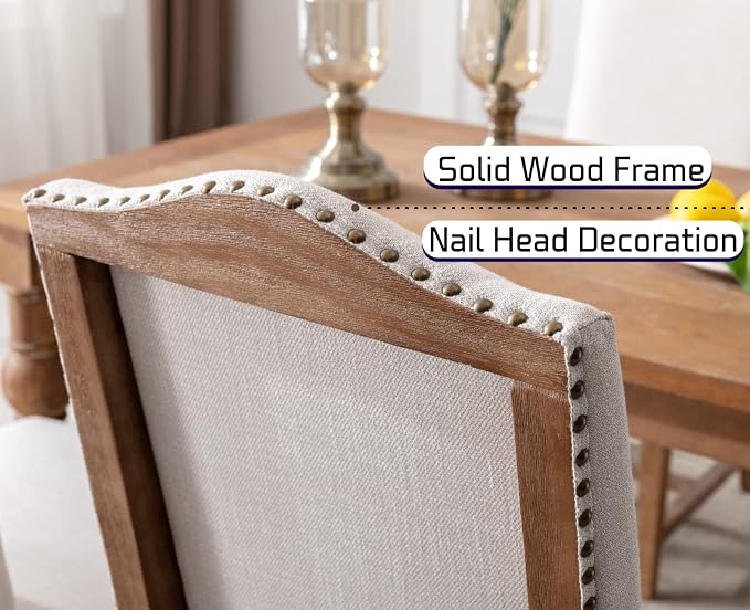 EALSON Farmhouse Dining Chairs Set of 6 with Wood Legs and Padded High Backs in Beige Linen