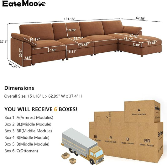 EASE MOOSE Large Sectional Modular Sofa，Large L Shape Sectional Couch Wide Deep Modular Sofa Couch Brown