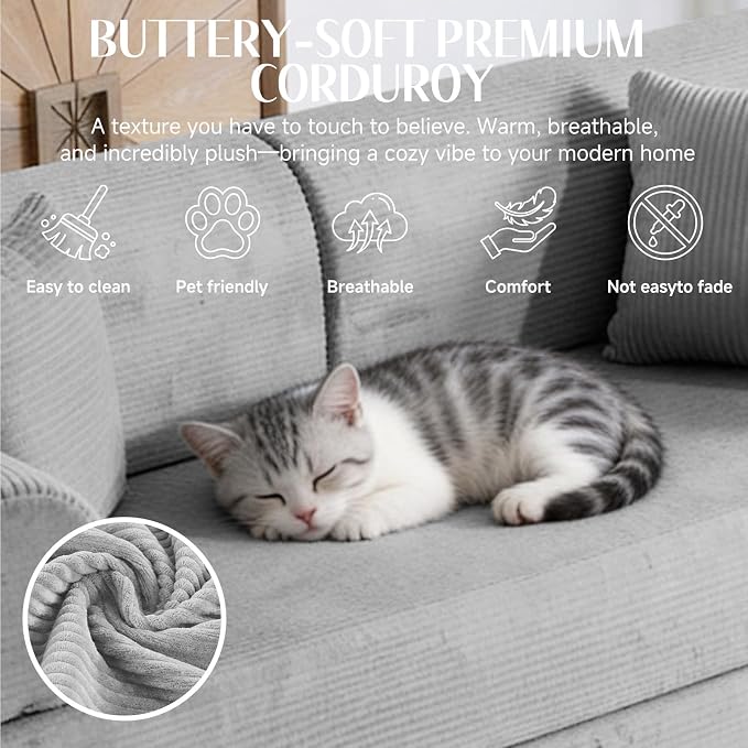 79'' Convertible Sofa Bed, 6 in 1 Folding Floor Futon Couch Sleeper with Fixed Frame, Corduroy Modular Sofa Bed with Removable Armrests & Pillows, No Assembly for Living Room Bedroom (Light Gray)