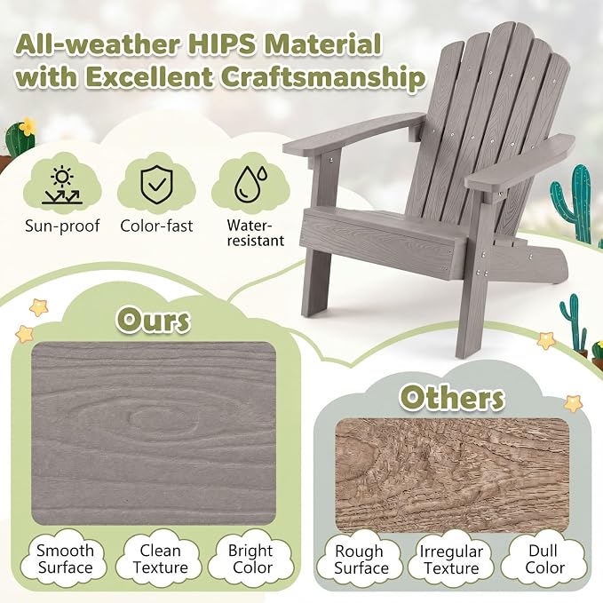 Giantex Kids Adirondack Chair, All-Weather HIPS Children's Outdoor Chair with Tilted High Backrest, Toddler Beach Chair for Garden Patio Backyard, Kids Lawn Chairs for Age 3-7 (4,Gray)