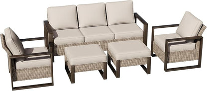 Joyside Outdoor Patio Chairs, 5 Pieces Wicker Rattan Furniture Set, 2 Patio Chairs, 1 Sofa and 2 Ottoman, Metal Wide Armrest, Thick Cushions and Deep Seating for Garden, Backyard, Porch, Deck