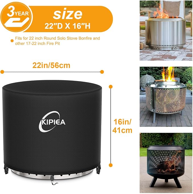Kipiea Round Fire Pit Cover for Solo Stove Bonfire Super Waterproof, 22" D x16" H Smokeless Fire Pit Cover, Upgraded 600D Strong Tear and UV Resistant, Black