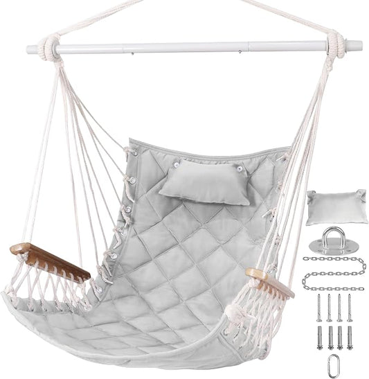 Hammock Chair Hanging Swing with Wooden Armrest;Steel Spreader Bar,Pillows,Hardware kit Included;Cotton Woven Fabric;Up to 350 Lbs,for Indoor Light Grey