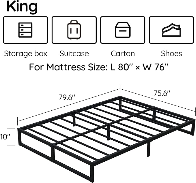 Richwanone 10 Inch King Size Bed Frame Metal Platform Bed, Black | King Size Bed Frame Mattress Foundation with Steel Slat Support, No Box Spring Needed, Easy Assembly