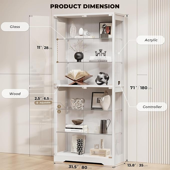 BROTTAR 6-Tier 71" Display Cabinet with Glass Door, Curio Cabinet with 3 Color Lights for Collectibles, Display Case with Adjustable Glass Shelves, Human Body Sensor, Storage Cabinets, White