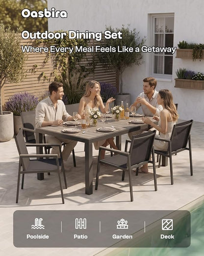 Outdoor Dining Table, Aluminum Patio Table Set, All Weather Patio Dining Furniture Set with Umbrella Hole for Backyard, Deck, Poolside (Gray)
