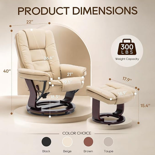 Swivel Recliner Chair with Ottoman Reclining Lounge Sofa Footrest, Set of 2 | 360°Sturdy Wood Base, Soft PU Leather, Upholstered Ultra-Plush Foam, Modern Armchair, Living Room Bedroom Office Reading Home