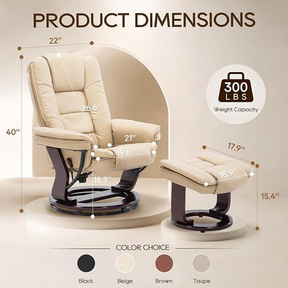 Argus Swivel Recliner with Ottoman, PU Leather & Wood Base Reclining Chair with Footrest, Ultra-Plush Double Foam for Living Room, Bedroom and Office, Set of 1