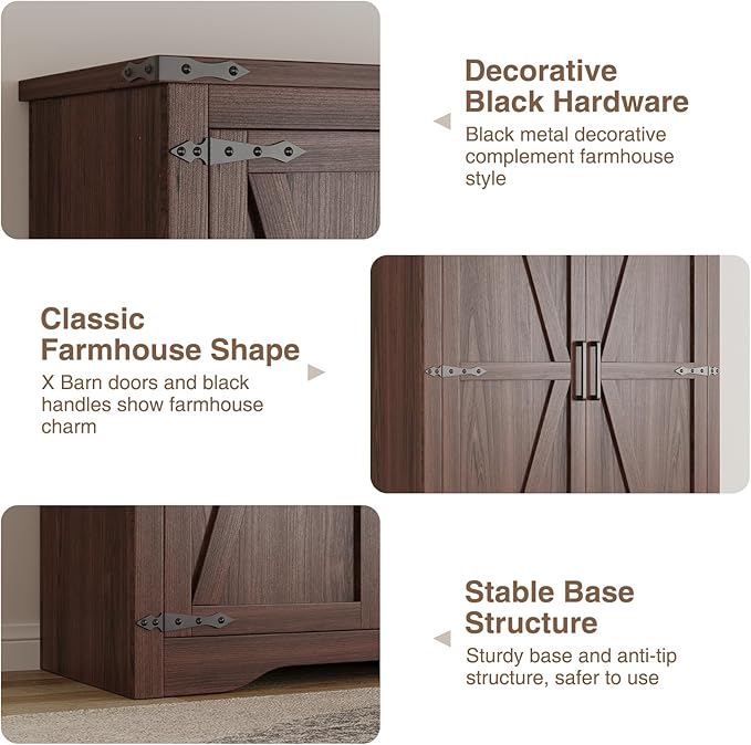 Befrases Farmhouse Storage Cabinet with Adjustable Shelves, Large Pantry Organize with 2 Barn Doors, Tall Freestanding Cabinet for Kitchen, Bathroom, Garage, Basement, Living, Utility Room, Brown