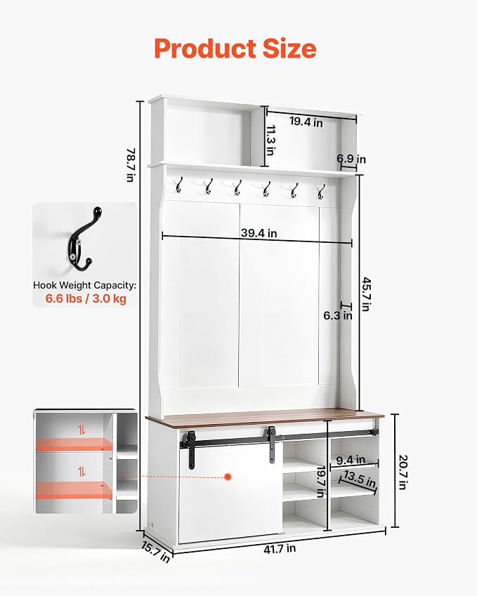VEVOR Hall Tree with Bench and Shoe Storage, 42" Wide, Entryway Hall Tree with Bench, Hanging Hooks, Storage Shelves, Adjustable Shoe Shelves, Wooden Furniture for Mudroom, Entryway, Hallway, White