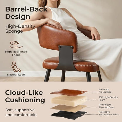 Dining Chairs Set of 2, Modern Upholstered Faux Leather Kitchen Chairs with Elegant Stitching, Easy to Assemble & Clean for Dining Room, Restaurant, Cafe, Vintage Brown
