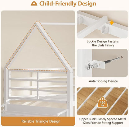 DICTAC Twin Over Twin Low Bunk Bed with Desk and Drawers, White | Metal House Shaped Low Bunk Bed, 2 Storage Drawers, Bookshelf and Side Pocket, Floor Bunk Bed with 13.4''H Safety Guardrail