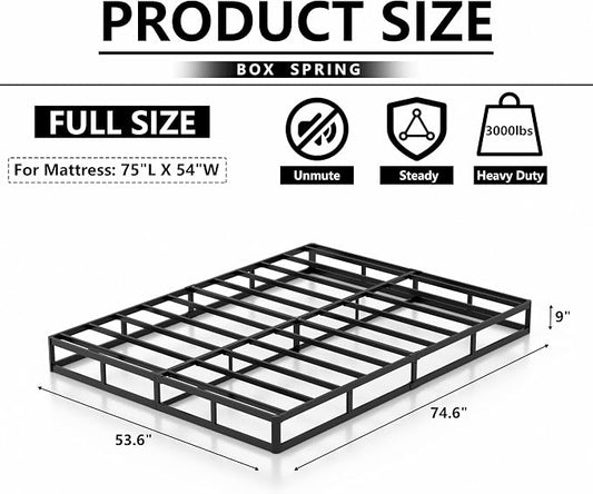 NHODIR High Profile Box Spring Full, 9 Inch Heavy Duty Metal Bed Base, Upholstered Fabric Foundation with Easy Assembly, Noise-Free Support