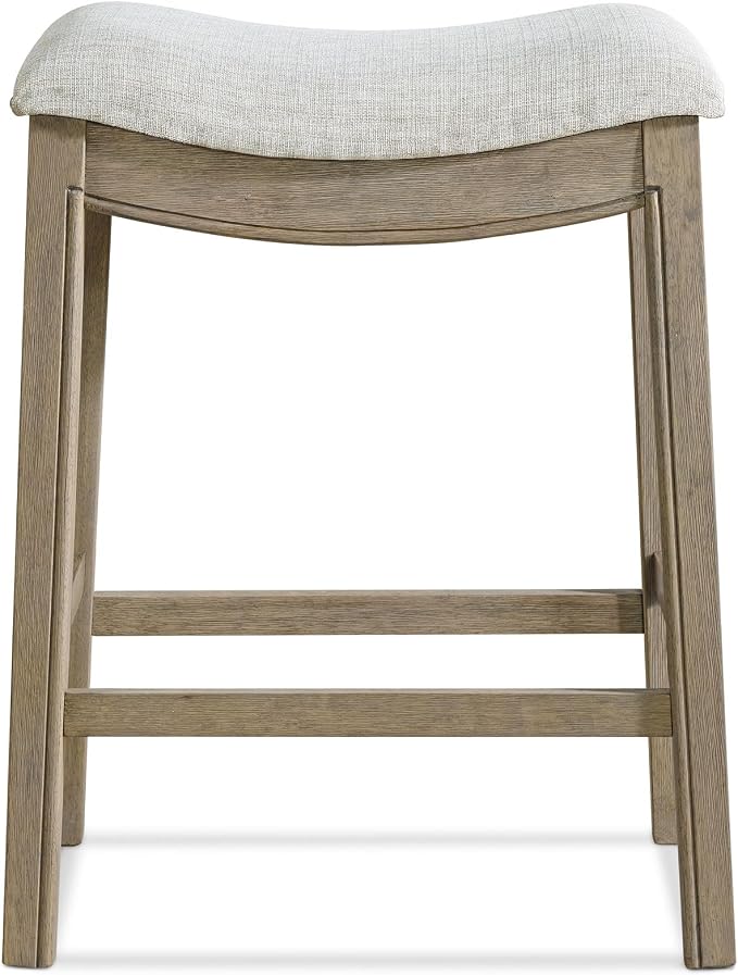 ROME + OAK Set of 3 Parker 26 Inch Counter Stool, Backless Saddle Kitchen Barstool in Reclaimed Oak Finish with Grey Fabric Upholstery Cushion Seat