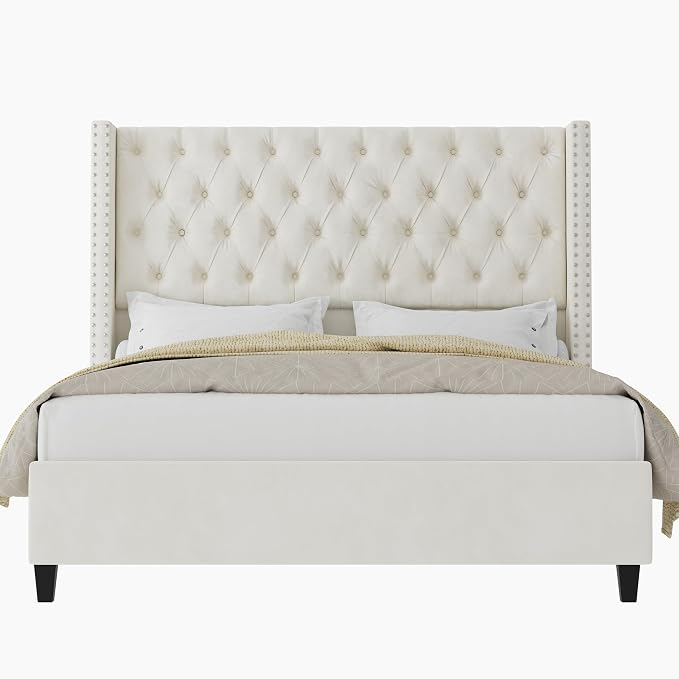 Jocisland King Upholstered Bed Frame with Tall Headboard Wingback Platform Bed Tufted Deep Button Velvet/No Box Spring Needed/Easy Assembly/Cream