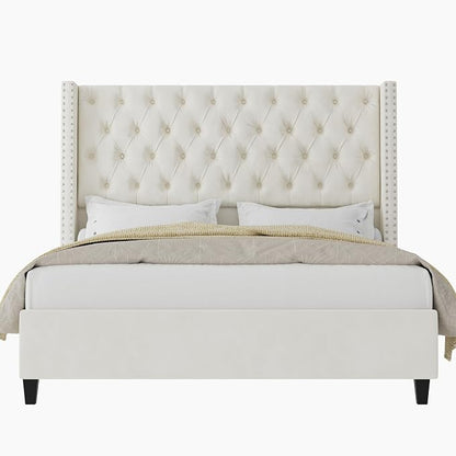 Jocisland King Upholstered Bed Frame with Tall Headboard Wingback Platform Bed Tufted Deep Button Velvet/No Box Spring Needed/Easy Assembly/Cream