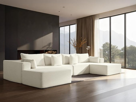 138" Cloud Sectional Couch, Comfort U Shaped Sofa for Living Room, Extra Deep Seats No Assembly, Minimalist Modular Couch, Corduroy (Cream, 6 Seats,U-Shape A)